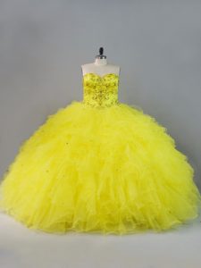 Yellow Tulle Lace Up Sweetheart Sleeveless Floor Length Quince Ball Gowns Beading and Ruffles