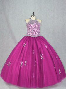 Fuchsia Ball Gowns Halter Top Sleeveless Tulle Floor Length Lace Up Beading and Appliques 15 Quinceanera Dress