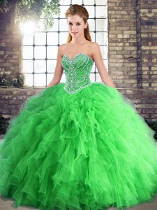 Green Ball Gowns Tulle Sweetheart Sleeveless Beading and Ruffles Floor Length Lace Up Sweet 16 Quinceanera Dress
