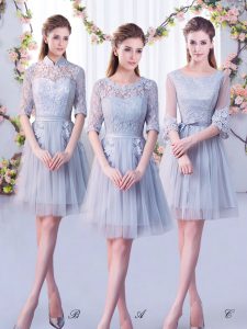 Mini Length Grey Court Dresses for Sweet 16 Scoop Half Sleeves Lace Up