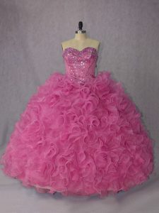 Rose Pink Organza Lace Up Halter Top Sleeveless Quinceanera Dress Brush Train Beading and Ruffles