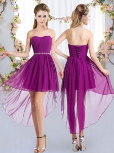 Purple Lace Up Strapless Beading Quinceanera Court of Honor Dress Chiffon Sleeveless