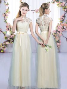 Champagne Cap Sleeves Lace and Bowknot Floor Length Damas Dress