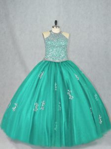 Popular Turquoise Ball Gowns Beading and Appliques Ball Gown Prom Dress Lace Up Tulle Sleeveless Floor Length