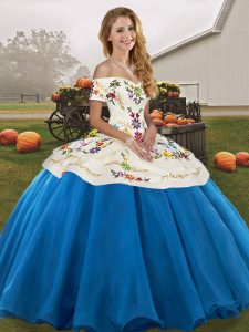 Blue And White Off The Shoulder Lace Up Embroidery Sweet 16 Dresses Sleeveless