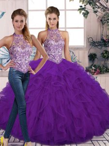 Fabulous Tulle Halter Top Sleeveless Lace Up Beading and Ruffles Sweet 16 Dress in Purple