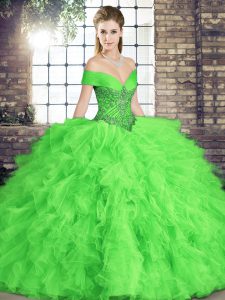 Fine Tulle Sleeveless Floor Length 15 Quinceanera Dress and Beading and Ruffles