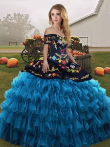 Sleeveless Floor Length Embroidery and Ruffled Layers Lace Up 15th Birthday Dress with Blue And Black