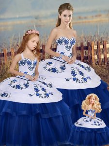 Suitable Sleeveless Tulle Floor Length Lace Up 15th Birthday Dress in Royal Blue with Embroidery and Bowknot
