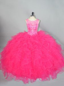 Traditional Hot Pink Sleeveless Beading and Ruffles Floor Length 15 Quinceanera Dress