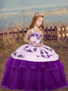 Eggplant Purple Sleeveless Floor Length Embroidery Lace Up Little Girls Pageant Dress Wholesale