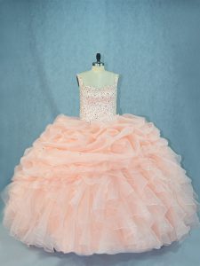 Customized Straps Sleeveless 15 Quinceanera Dress Beading Peach Organza