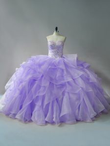 Lavender Ball Gowns Sweetheart Sleeveless Organza Brush Train Lace Up Beading and Ruffles Sweet 16 Quinceanera Dress