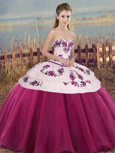 Modest Fuchsia Lace Up Sweetheart Embroidery and Bowknot Sweet 16 Quinceanera Dress Tulle Sleeveless