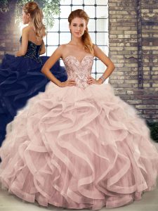 Ideal Tulle Sleeveless Floor Length 15th Birthday Dress and Beading and Ruffles