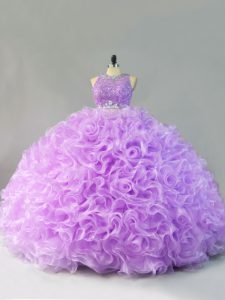 Nice Sleeveless Fabric With Rolling Flowers Floor Length Zipper 15 Quinceanera Dress in Lavender with Beading and Ruffles