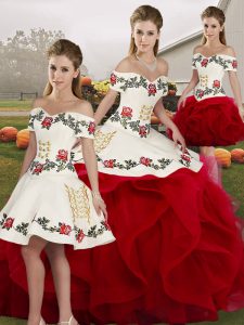 Embroidery and Ruffles Quinceanera Gowns White And Red Lace Up Sleeveless Floor Length