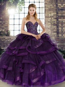 High Class Purple Ball Gowns Sweetheart Sleeveless Tulle Floor Length Lace Up Beading and Ruffles Sweet 16 Dress