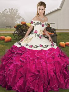 Floor Length Fuchsia Sweet 16 Dresses Organza Sleeveless Embroidery and Ruffles