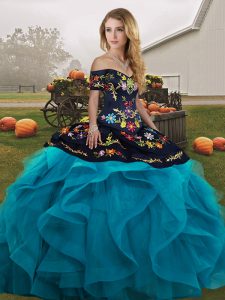 Teal Sleeveless Floor Length Embroidery and Ruffles Lace Up Vestidos de Quinceanera