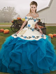 Blue And White Tulle Lace Up Off The Shoulder Sleeveless Floor Length Sweet 16 Dresses Embroidery and Ruffles