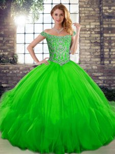Tulle Off The Shoulder Sleeveless Lace Up Beading and Ruffles Sweet 16 Quinceanera Dress in Green