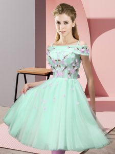 Knee Length Apple Green Court Dresses for Sweet 16 Off The Shoulder Short Sleeves Lace Up