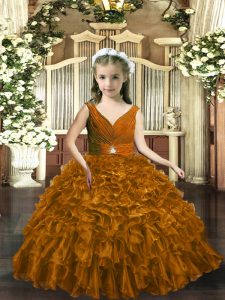 Latest Beading and Ruffles Kids Pageant Dress Brown Backless Sleeveless Floor Length