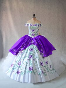 High Class Organza Off The Shoulder Sleeveless Lace Up Embroidery and Ruffles 15 Quinceanera Dress in White And Purple