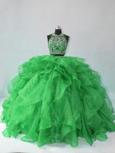 Green Two Pieces Organza Halter Top Sleeveless Beading and Ruffles Floor Length Backless Quinceanera Dresses