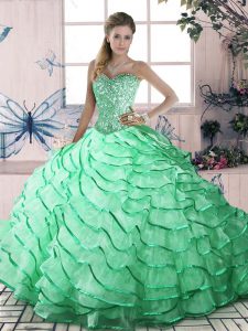 Trendy Ruffled Layers Quinceanera Gown Apple Green Lace Up Sleeveless Brush Train
