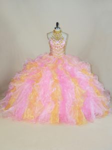 Chic Multi-color Sleeveless Floor Length Beading and Ruffles Lace Up Quinceanera Gown