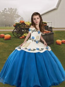 Low Price Blue Straps Neckline Embroidery Girls Pageant Dresses Sleeveless Lace Up