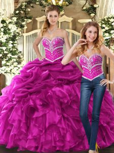 Lovely Fuchsia Quinceanera Dresses Sweet 16 and Quinceanera with Beading and Ruffles and Pick Ups Sweetheart Sleeveless Lace Up