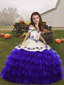 Spectacular Embroidery and Ruffled Layers Pageant Dress for Teens Purple Lace Up Sleeveless Floor Length