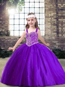 Sleeveless Tulle Floor Length Lace Up Pageant Gowns For Girls in Purple with Beading