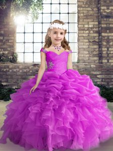 Fuchsia Ball Gowns Organza Straps Sleeveless Beading and Ruffles and Pick Ups Floor Length Lace Up Child Pageant Dress
