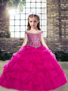 Beautiful Fuchsia Ball Gowns Organza Off The Shoulder Sleeveless Beading and Pick Ups Floor Length Lace Up Little Girls Pageant Gowns