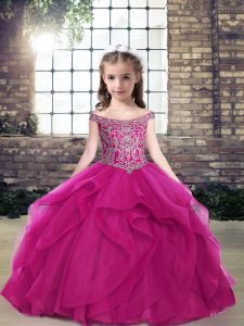 Traditional Fuchsia Sleeveless Tulle Lace Up Pageant Gowns For Girls for Party and Wedding Party