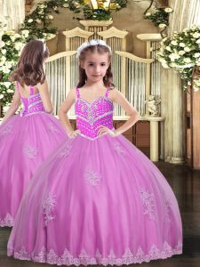 Custom Design Floor Length Lilac Little Girls Pageant Dress Tulle Sleeveless Appliques
