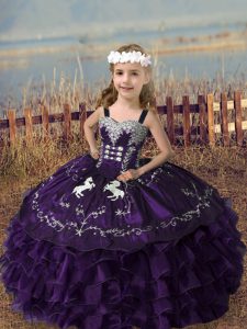 Fantastic Purple Sleeveless Embroidery and Ruffled Layers Floor Length Little Girls Pageant Dress Wholesale