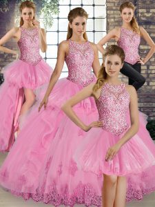 Extravagant Floor Length Rose Pink Sweet 16 Dresses Scoop Sleeveless Lace Up
