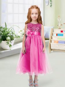 Organza Scoop Sleeveless Zipper Sequins and Hand Made Flower Kids Pageant Dress in Rose Pink