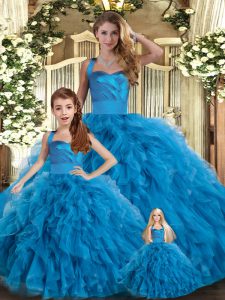 New Arrival Blue Tulle Lace Up Halter Top Sleeveless Floor Length 15th Birthday Dress Ruffles