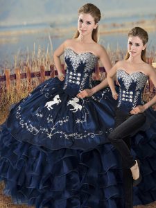 Modern Navy Blue Sweetheart Lace Up Embroidery and Ruffles 15th Birthday Dress Sleeveless