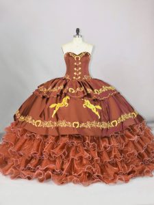 Brown Satin and Organza Lace Up Ball Gown Prom Dress Sleeveless Brush Train Embroidery and Ruffled Layers