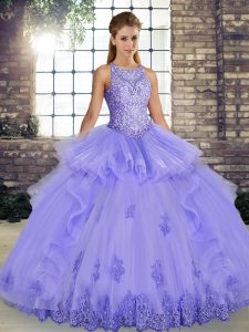 Extravagant Floor Length Lace Up Vestidos de Quinceanera Lavender for Military Ball and Sweet 16 and Quinceanera with Lace and Embroidery and Ruffles