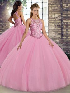 Pink Lace Up Quinceanera Gowns Embroidery Sleeveless Floor Length