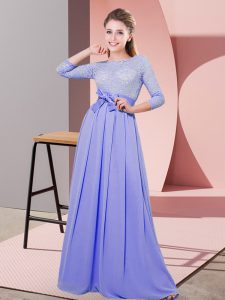 3 4 Length Sleeve Floor Length Lace and Belt Side Zipper Dama Dress with Lavender