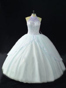 Halter Top Sleeveless Tulle Quinceanera Gown Beading Lace Up